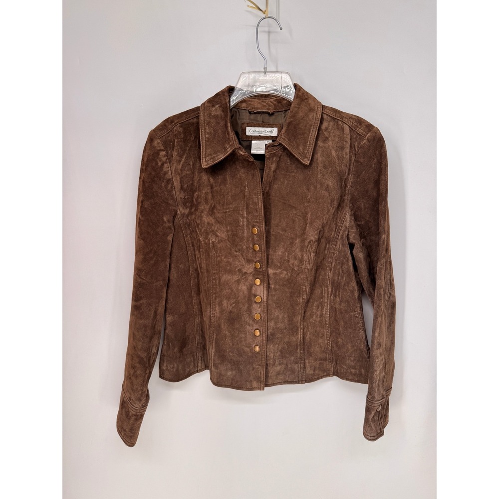 Coldwater Creek Jacket Women PM Brown EUC Suede Leather Button Front Collared